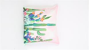 Kaktüs Desenli Pembe Kadife Yastık /Kırlent Kılıfı 48x48 cm