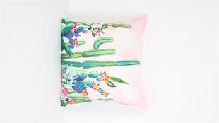 Kaktüs Desenli Pembe Süet Yastık /Kırlent Kılıfı 48x48 cm