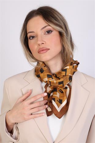 Kare Desenli Hardal Twill İpek Eşarp / Fular 95x95