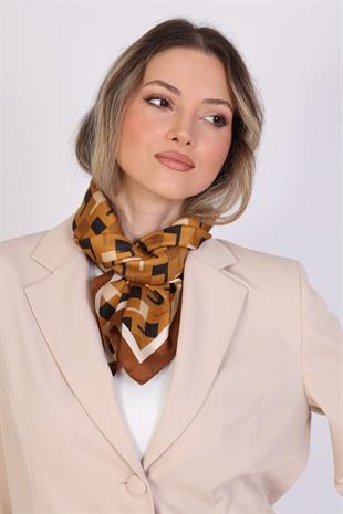 Kare Desenli Hardal Twill İpek Eşarp / Fular 95x95