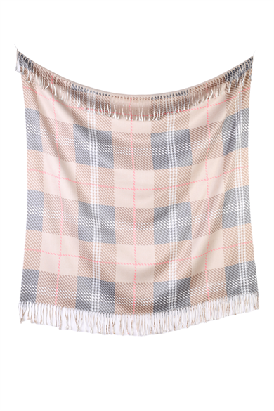 Kare Desenli Bej Saçaklı Paşmina Eşarp 109x125