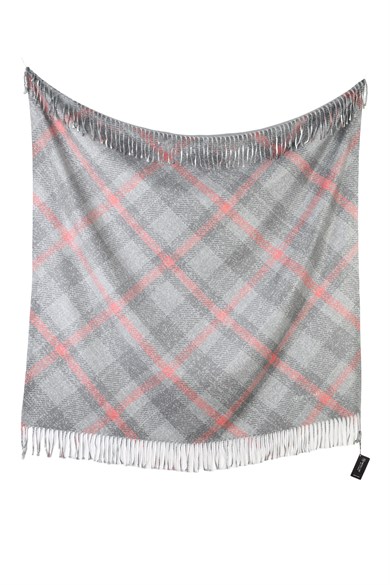 Kare Desenli Gri - Kırmızı Saçaklı Paşmina Eşarp 109x125