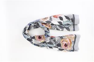 Rose Desenli Gri Pamuklu Şal