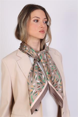 Yaprak Desenli Kahverengi Twill İpek Eşarp / Fular 95x95