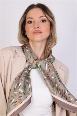 Yaprak Desenli Kahverengi Twill İpek Eşarp / Fular 95x95