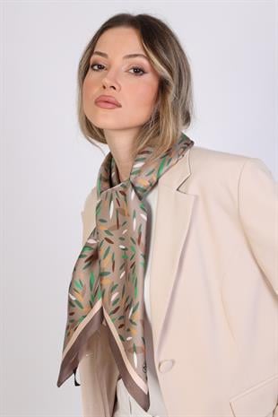 Yaprak Desenli Kahverengi Twill İpek Eşarp / Fular 95x95