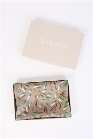 Yaprak Desenli Kahverengi Twill İpek Eşarp / Fular 95x95