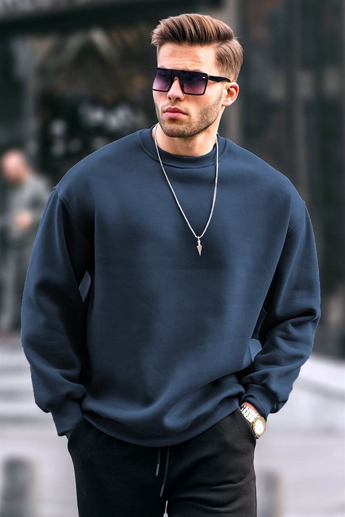 Lacivert Bisiklet Yaka Oversize Şardonlu Basic Erkek Sweatshirt