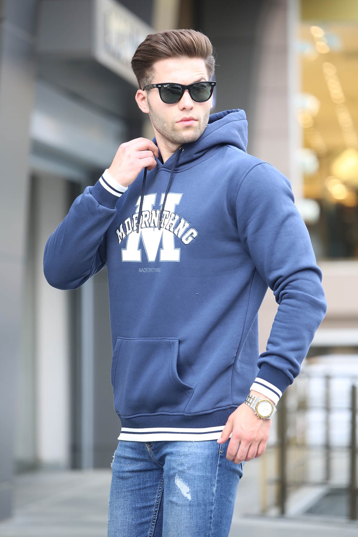 Navy Blue Embroidered Hoodie Sweatshirt -- Madmext