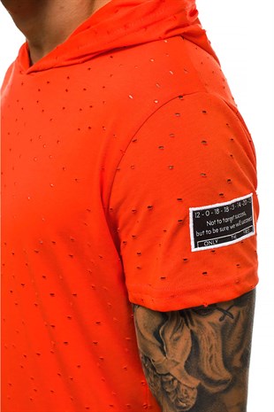 Madmext Yırtık Detaylı Turuncu Kapşonlu Tişört 3069