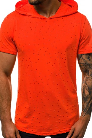 Madmext Yırtık Detaylı Turuncu Kapşonlu Tişört 3069