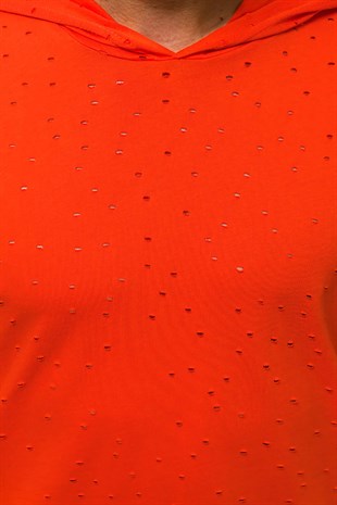 Madmext Yırtık Detaylı Turuncu Kapşonlu Tişört 3069