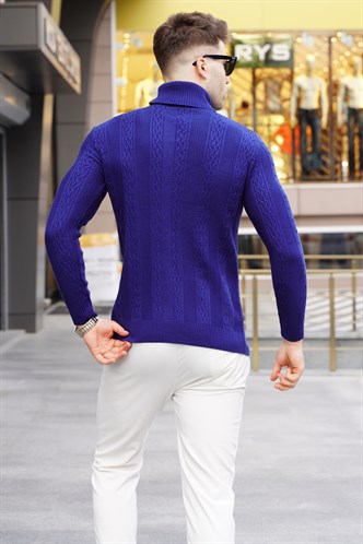 Light Navy Blue Designed Knitted Sweater 5769