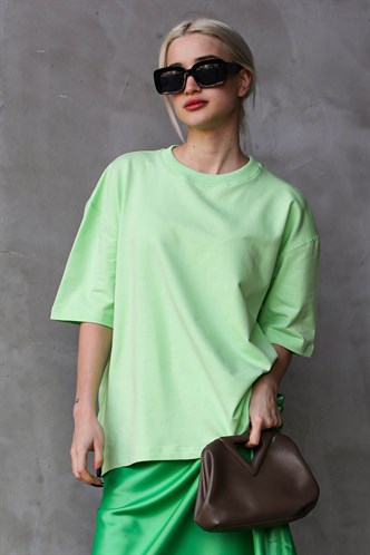 Açık Yeşil Bisiklet Yaka Basic Oversize T-shirt MG1687