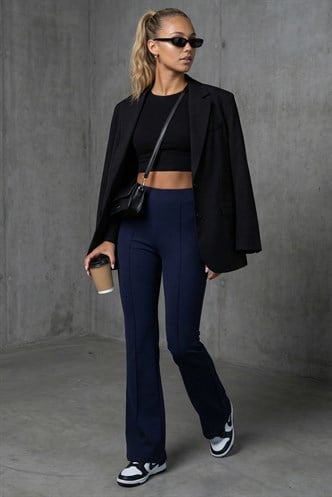 Lacivert Yüksek Bel Flare Paça Şık Günlük Kadın Tayt MG2645