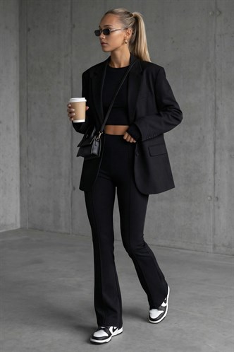 Siyah Yüksek Bel Flare Paça Şık Günlük Kadın Tayt MG2645