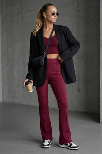 Bordo Yüksek Bel Flare Paça Şık Günlük Kadın Tayt MG2645