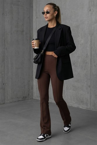 Kahverengi Yüksek Bel Flare Paça Şık Günlük Kadın Tayt MG2645