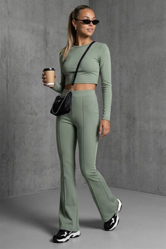 Mint Yeşili Yüksek Bel Flare Paça Şık Günlük Kadın Tayt MG2645