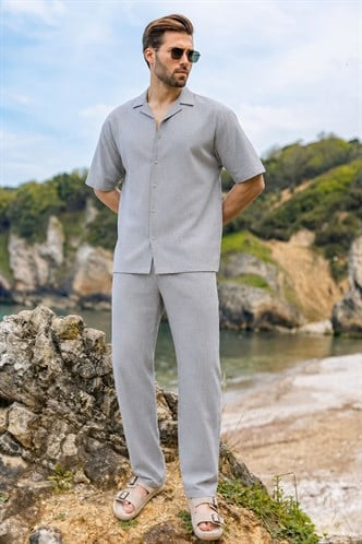 Boyalı Gri Over Fit Erkek Gömlek Takım E7303