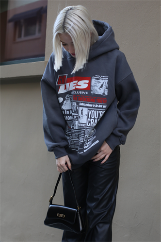 Anthracite Printed Oversize Hoodie Sweatshirt MG1581