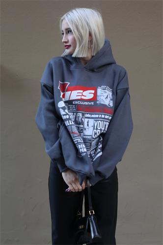 Anthracite Printed Oversize Hoodie Sweatshirt MG1581