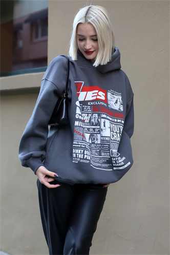 Anthracite Printed Oversize Hoodie Sweatshirt MG1581