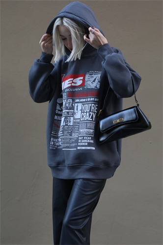 Anthracite Printed Oversize Hoodie Sweatshirt MG1581