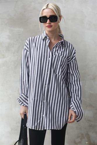Antrasit Çizgili Oversize Kadın Gömlek MG1688