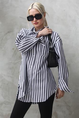 Antrasit Çizgili Oversize Kadın Gömlek MG1688