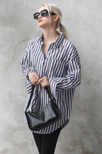 Antrasit Çizgili Oversize Kadın Gömlek MG1688