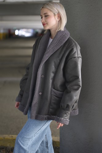 Antrasit İçi Suni Kürklü Biker Mont MG1329