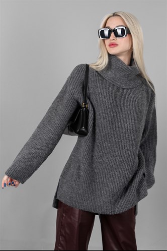 Antrasit Oversize Boğazlı Triko Kazak MG1592