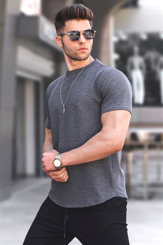 Antrasit Waffle Kumaş Basic Tişört 5883