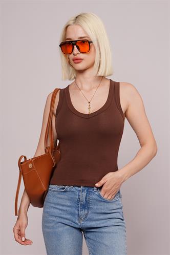 Kahverengi Derin V Yaka %100 Pamuklu Basic Kadın Atlet Mg2405