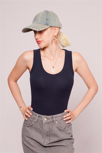 Lacivert Derin V Yaka %100 Pamuklu Basic Kadın Atlet Mg2405