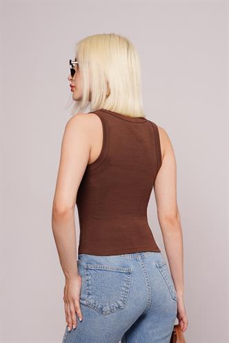 Kahverengi Derin V Yaka %100 Pamuklu Basic Kadın Atlet Mg2405
