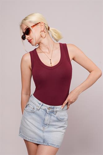 Bordo Derin V Yaka %100 Pamuklu Basic Kadın Atlet Mg2405