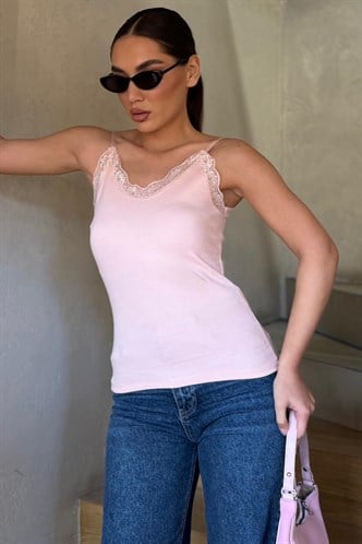 Pudra Dantelli V Yaka İnce Askılı Atlet MG2720