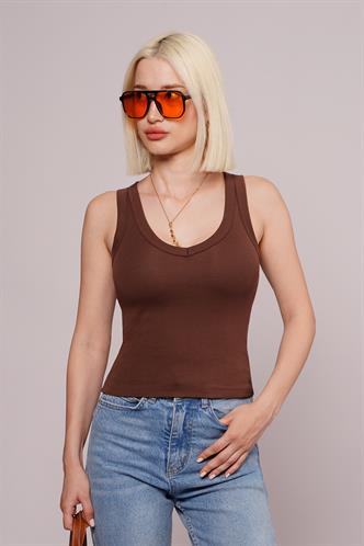Kahverengi Derin V Yaka %100 Pamuklu Basic Kadın Atlet Mg2405