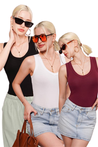 Siyah/Beyaz/Bordo Derin V Yaka %100 Pamuklu Basic Kadın Atlet Mg2405