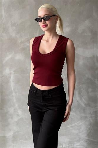 Bordo V Yaka Biyeli Kadın Atlet Mg2292