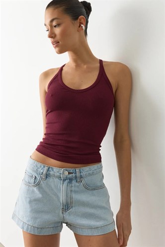 Bordo Basic Vücuda Oturan Kolsuz Kadın Atlet MG2639