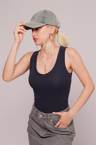 Lacivert Derin V Yaka %100 Pamuklu Basic Kadın Atlet Mg2405