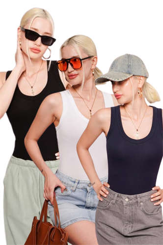Siyah/Beyaz/Lacivert Derin V Yaka %100 Pamuklu Basic Kadın Atlet Mg2405
