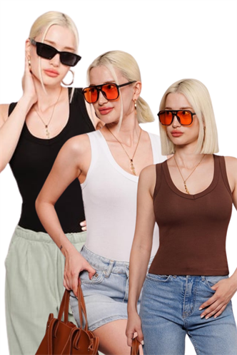 Siyah/Beyaz/Kahverengi Derin V Yaka %100 Pamuklu Basic Kadın Atlet Mg2405
