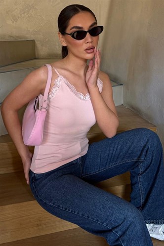 Pudra Dantelli V Yaka İnce Askılı Atlet MG2720