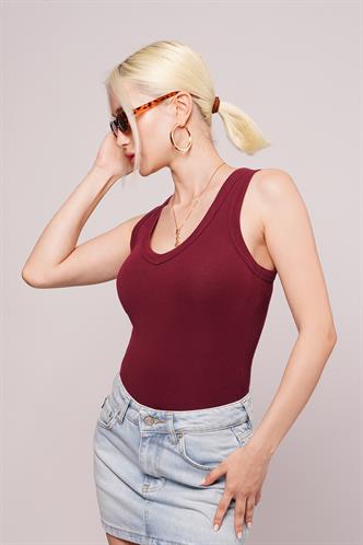 Bordo Derin V Yaka %100 Pamuklu Basic Kadın Atlet Mg2405