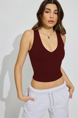 Bordo Derin V Yaka %100 Pamuklu Basic Kadın Atlet Mg2405
