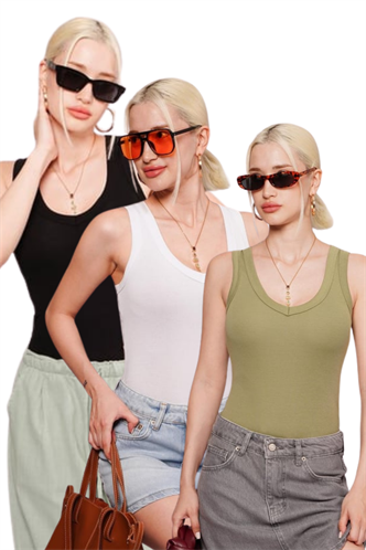Siyah/Beyaz/Açık Yeşil Derin V Yaka %100 Pamuklu Basic Kadın Atlet Mg2405